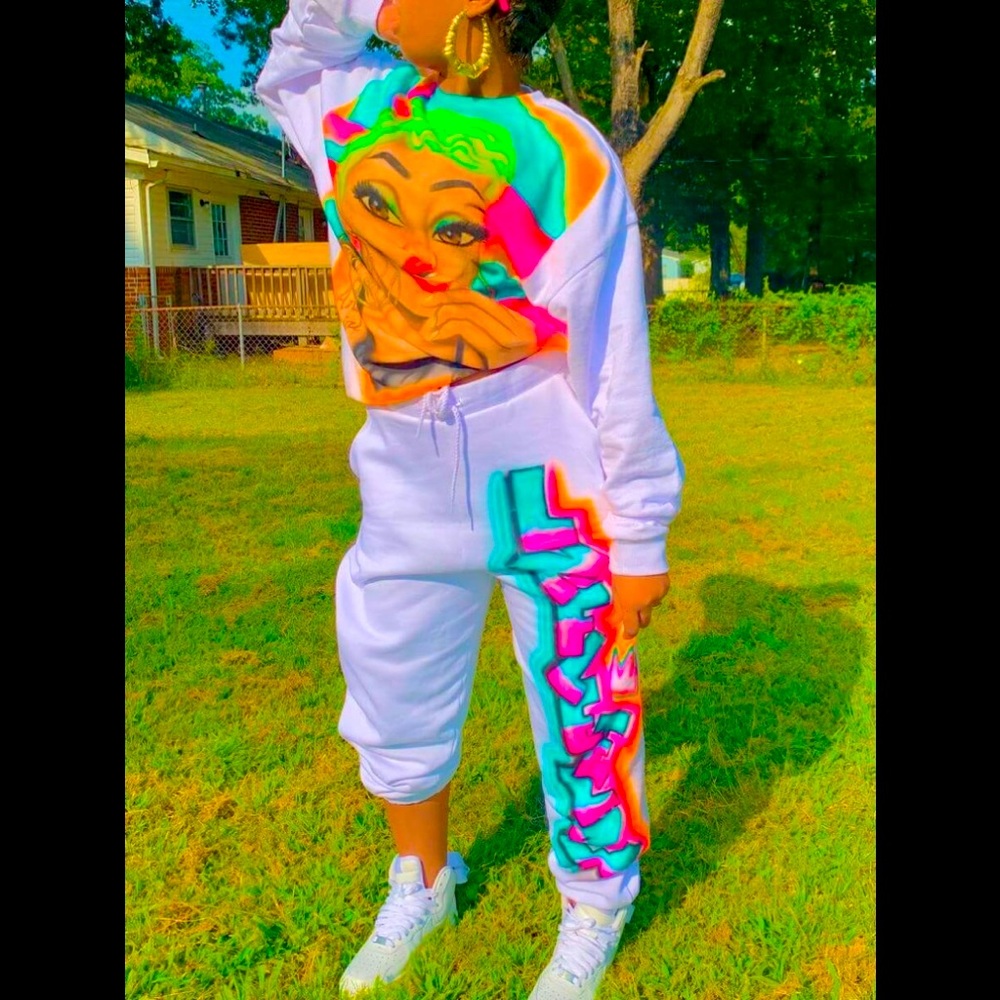 White Graffiti Cartoon Portrait Long Sleeve Shirt & Joggers Outfit